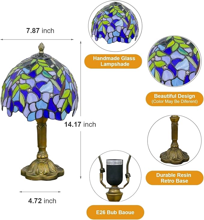Tiffany Table Lamp Mini Nightstand Lamps Stained Glass Bedside Lamp Wisteria Night Lamp Reading Desk Light for Office Bar Bedroom Living Room,7.87 inch