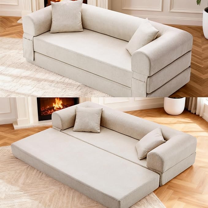 Convertible Sleeper Sofa Bed,78.5 Inch Faux Leather Futon Couch with Pillows & Storage Pocket,5-in-1 Folding Sofa Bed Queen with Pull Out Beds,Boneless Couches for Living Room,Couch in a Box,Beige