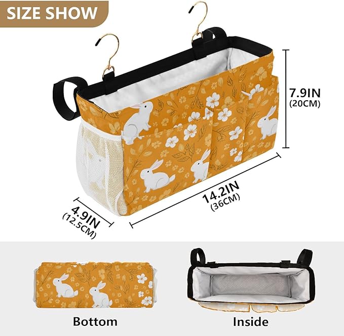 Bedside Caddy Hanging Bunk Bed Caddy Bed Organizer Hanging Pocket with 2 Hooks Bedside Storage Organizer Pocket Bag Holder White Flowers Bunny Orange Leaf