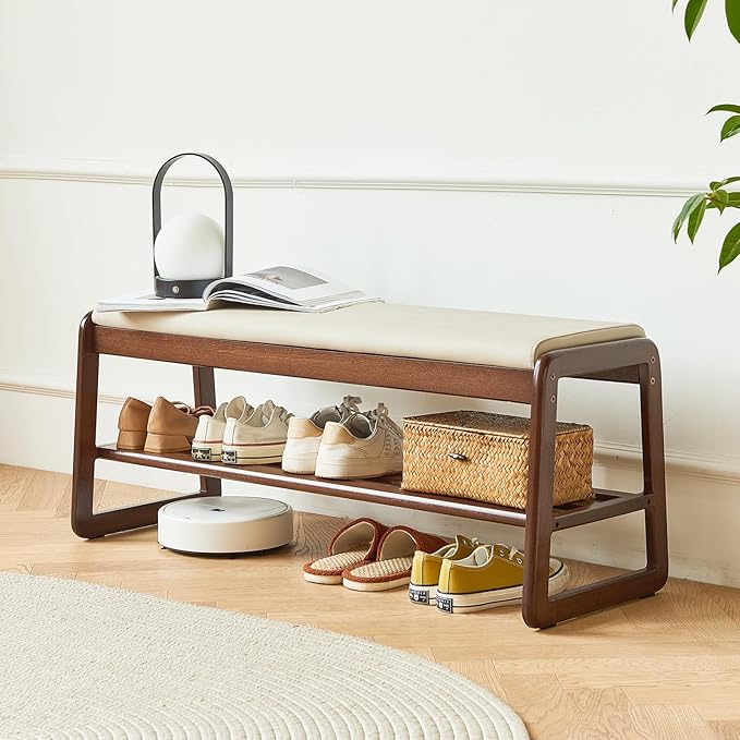 Solid Wood Shoe Bench, 2-Tier Wooden Storage Entryway Bench, Mid-Century Modern Shoe Bench Rack, End of Bed Bench with Faux Leather Cushion, Ottoman Bench for Hallway, Living Room (Cream Grey 31.5'')