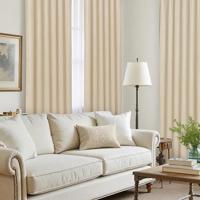LAMIT Beige Velvet Curtains for Living Room 108 Inches Long, Elegant Thermal Insulated Room Darkening Drapes Noise Reducing Back Tab and Rod Pocket Panels for Bedroom, 2 Panels, 52 x 108 Inch