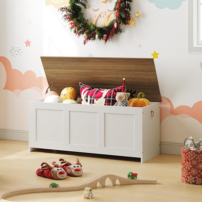HOOBRO Storage Bench, 39.3" Retro Wooden Storage Chest, Wooden Storage Trunk, Toy Chest with Lift Top, Multifunctional Entryway Organizer, for Entryway, Living Room, White and Walnut WH141CW01
