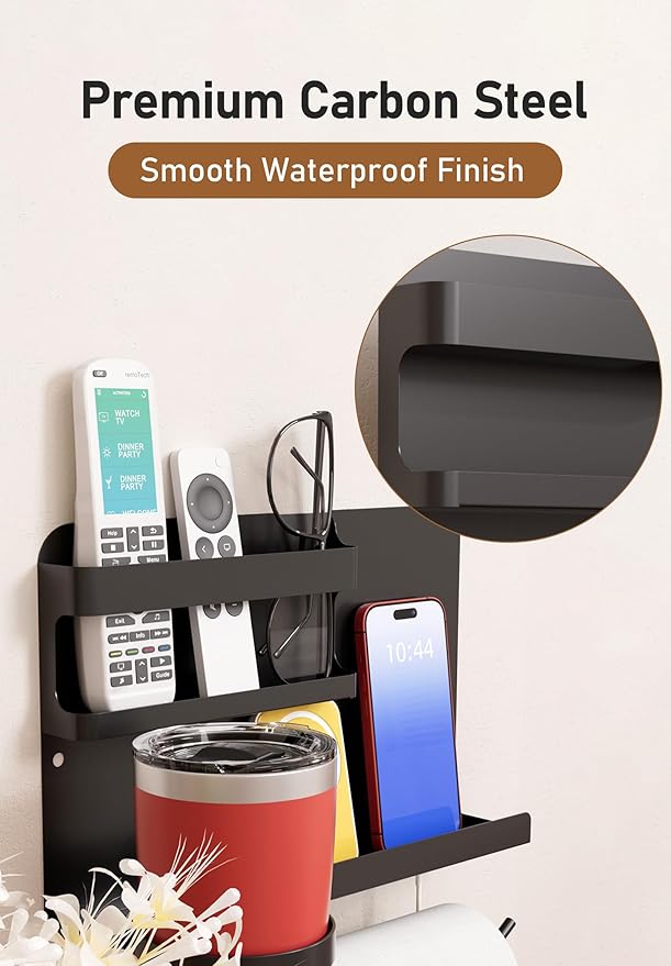 Bedside Wall Organizer Metal Shelf with Cup & Tissue Holder – Waterproof Wall Storage Rack for Dorm Room, Bathroom, Kitchen, and Office (Black)