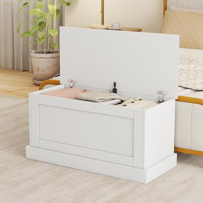 LOKO 35.5” Storage Chest, Lift Top Storage Box with Metal Hinges, Wooden Storage Bench with Safety Hydraulic Strut, Large Modern Storage Trunk for Living Room, Bedroom, Entryway (White)