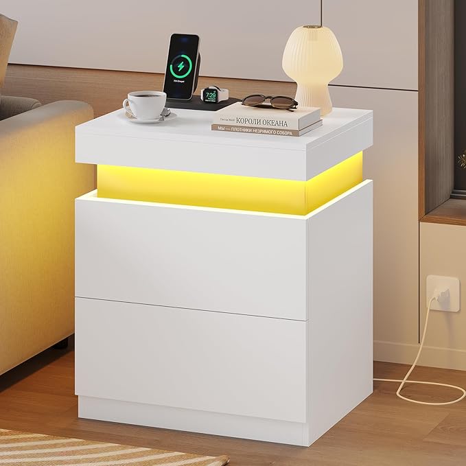 ADORNEVE White Nightstand Set of 2,Night Stand with Charging Station & LED Light & Sliding Top,Bedside Table with Drawers,Modern Bed Side Tables Bedroom