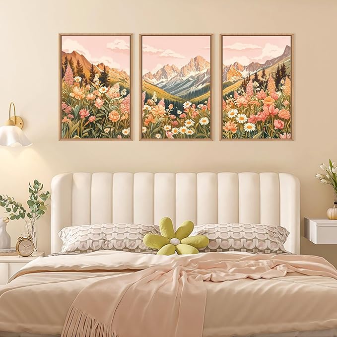 LHIUEM Large Abstract Colorful Mountain Framed Canvas Wall Art,Boho Pink Flower Wall Decor, Nature Wildflower Wall Painting,Bohemian Artwork for Living Room,Bedroom,Dining Room,Office -24"x36"x3