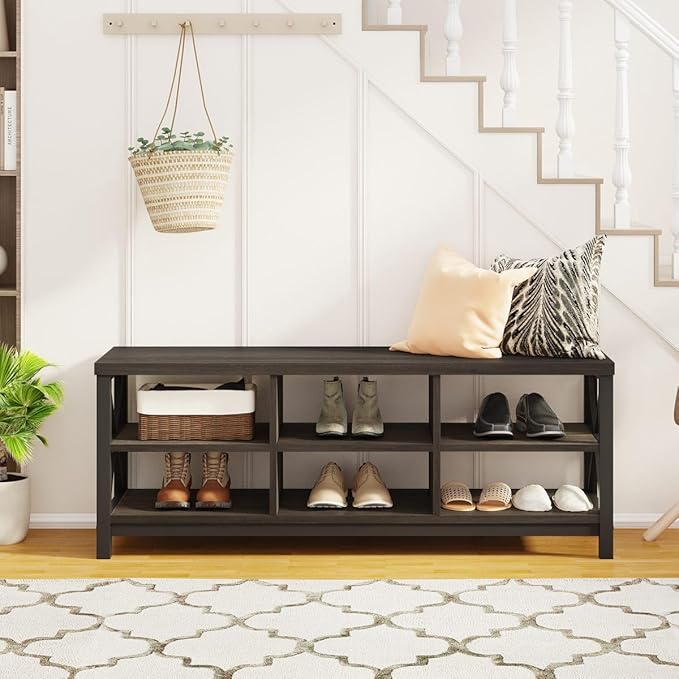 FATORRI Shoe Bench Entryway with Storage, Industrial Wood and Metal Hallway Benches with Adjustable Shelves, Rustic Entry Way Bench for Living Room (47.24 Inch Long, Walnut Brown)