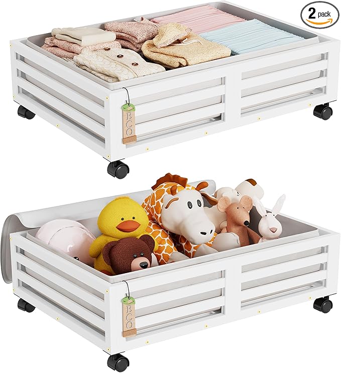 Wisuce Bamboo Under Bed Storage Containers- Underbed Organizer with Wheels with Large Dust Bag,Sturdy Wood Rolling Under the Bed Shoe Storage Organizer Drawer 2 Packs (White, Small)