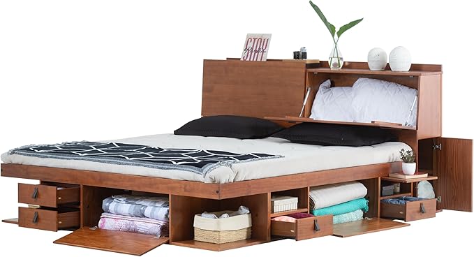 memomad Bali Set: Storage Platform Bed with Drawers + Bookcase Headboard (King Size, Caramel Brown Wood)