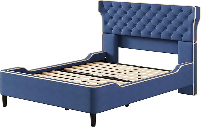 Christopher Knight Home Salus Linen Upholstered Queen Size Bed Frame with Headboard, Modern Queen Bed Frame and Headboard, Wooden Slats Support, Easy Assembly, No Box Spring Needed, Blue