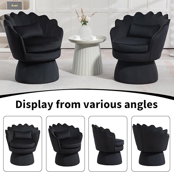 360° Swivel Accent Chairs Set of 2, Mid-Century Modern Velvet Barrel Chair, Comfy Shell Shape Arm Chair with Lumbar Pillow for Living Room, Bedroom, Office, Black