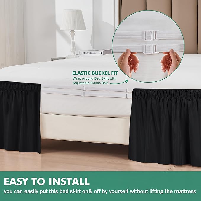 Biscaynebay Wrap Around Bed Skirts with Split Corners for Twin/Twin XL Beds 15" Drop, Black Adjustable Elastic Dust Ruffles Easy Fit Wrinkle Resistant Silky Luxurious Fabric Machine Washable