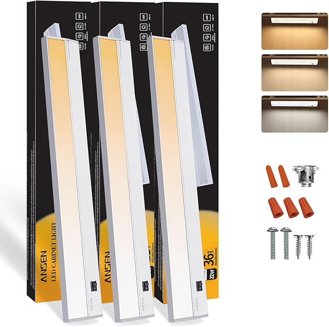 Ansen 3Packs of Under Cabinet Lights for Kitchen, 36in 22W 1426LM, Dimmable Hardwire Led Light for Closet, CRI>92, R9>90, 3 Color Temperature, 3000K/4000K/5000K(Warm White, Cool White, Daylight)
