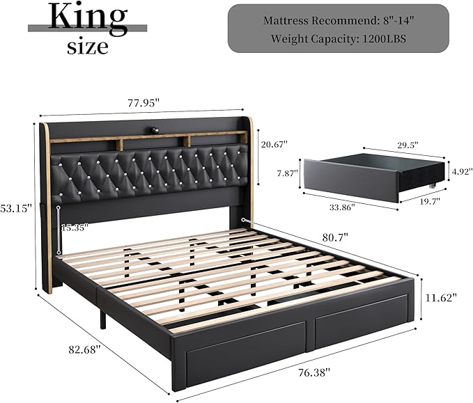 King LED Bed Frame with 2 Storage Drawers, PU Upholstered Platform Beds with Galaxy Star Projector Charging Station Speaker, Aurora Bedframe with 2-Tier Storage Headboard, Noise-Free, Black