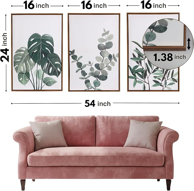 Sage Green Boho Framed Wall Art,16x24x1.38in 3Pcs, Neutral Botanical Canvas Prints, Monstera, Eucalyptus & Olive Leaf Decor, Floating Frames Included, Minimalist Art for Living Room, Bedroom