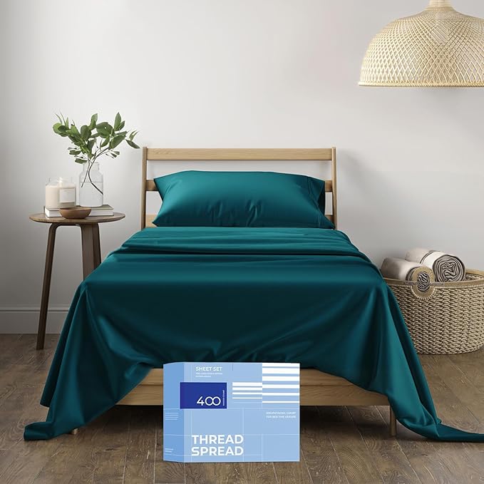 THREAD SPREAD 100% Cotton Sheets Twin Size - 400 Thread Count Cotton Bed Sheets Twin, 3 PC Set (Teal), Luxury Soft, Breathable, Cooling, Sateen Weave 16" Deep Pocket Bedsheet for Dorm Rooms