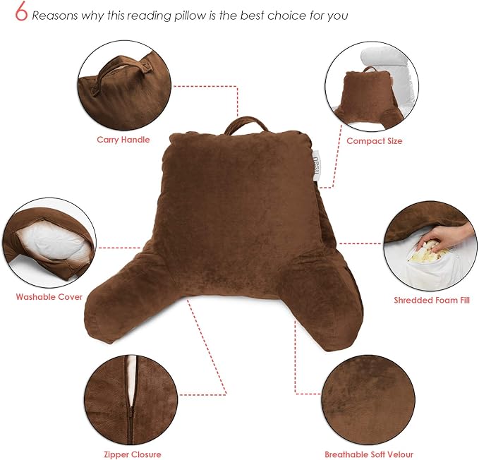 Nestl Reading Pillow with Shredded Memory Foam Designed for Sitting Up in Bed and Couch, Back and Arms Adjustable Support for Adult & Teens Backrest Pillows for Reading Washable Cover, Chocolate Brown