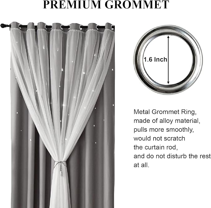 Star Curtains Blackout Curtains for Bedroom, Kids Room Curtains Nursery Curtains Double Layer Curtains, Kids Curtains for Boys, 84 Inch Curtains 2 Panel Set, Grey Curtains, 52 X 84 Inches