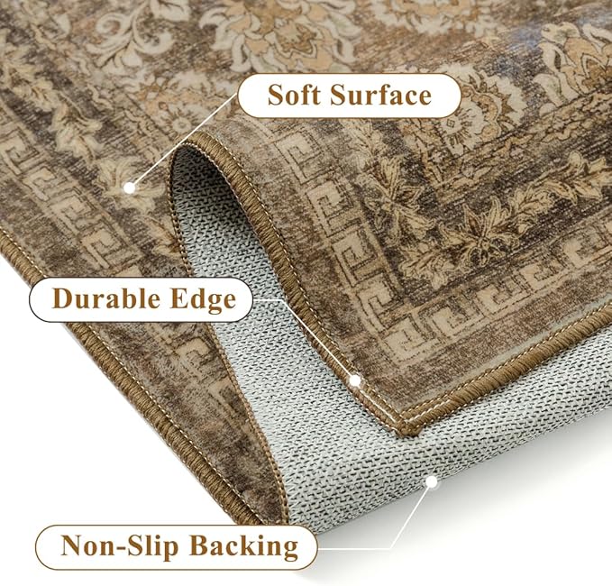 8x10 Vintage Area Rug Brown Washable Living Room Large Non Slip Carpet Bedroom Indoor Office Low Pile Traditional Distressed Retro Floral Accent Rug for Dining Room