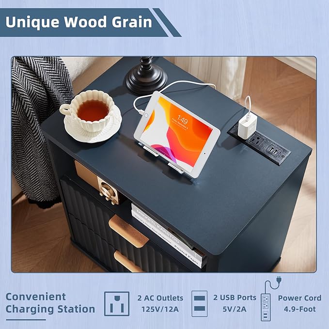 LEYAOYAO 48" Wide Fluted Dresser and 23" Nightstand Set of 2, Wooden Dresser & Night Stand with Charging Station, 3 Piece Bedroom Furniture Set, Chest of Drawer for Living Room,Blue