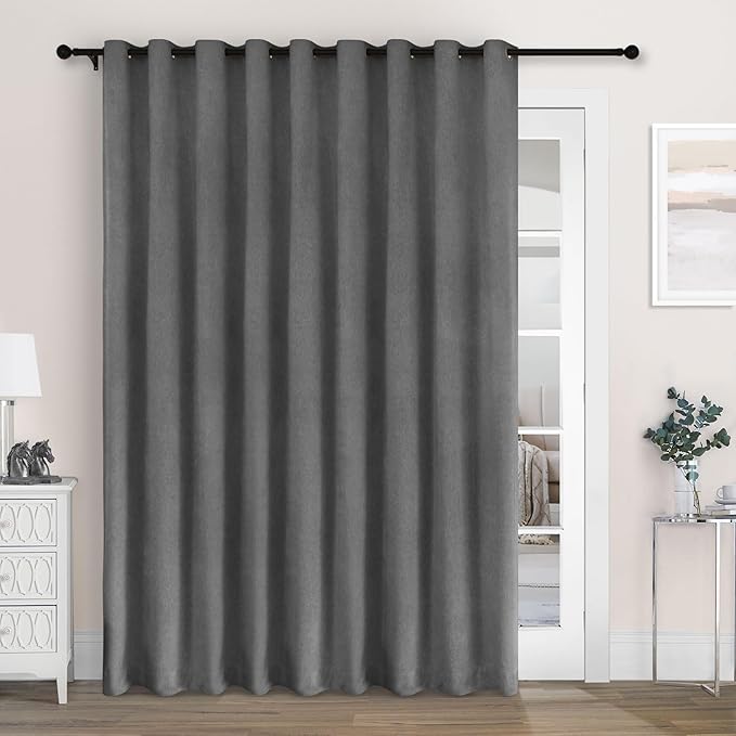 Macochico Extra Wide 100% Blackout Chenille Curtains 100" Wx102 L Thermal Curtains for Sliding Door Room Divider Living Room Bedroom Hotel Dark Grey Blackout Curtains Grommet with Tieback 1 Panel