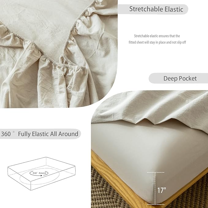 MooMee Fitted Bottom Sheet Only 100% Washed Cotton Linen Like Textured Breathable Durable Soft Comfy Deep Pocket Fits Mattress up to 17" (Cream Grey, Twin)