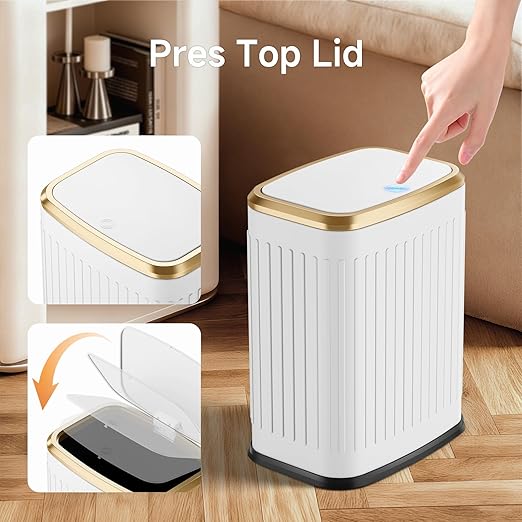 TIPGO Bathroom Trash Can with Lid, 2.1 Gallon / 8 Liter Small Garbage Can, Press Top Bin, Stainless Steel Wastebasket with Pop-Up Lid for Bedroom, Living Room, Office (White)