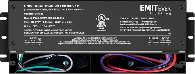 EMITEVER Dimmable Led Driver, 300W AC 110V-277V to DC 24V Transformer, 5-in-1 Dimming: ELV/MLV/TRIAC / 0-10V / 1-10V / 10V PWM/Potentiometer, Waterproof IP67 and UL Listed