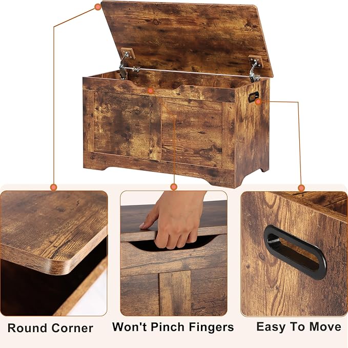 Timberer 31.5" Storage Chest, Wooden Storage Bench, Lift Top Toy Chest with 2 Safety Hinges, Large Toy Box, Entryway Shoes Bench for Living Room, Bedroom, Rustic Brown