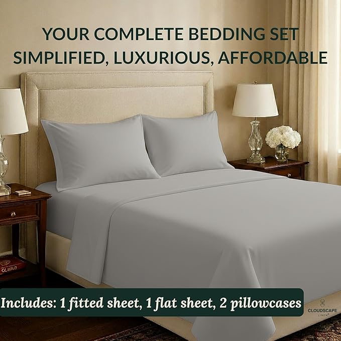Cloud Scape Linen 100% Egyptian Cotton Sheets for Queen Size Bed, 400 Thread Count, 4 Pieces Bedding Set, Hotel Quality, Silky Soft, Deep Pockets up to 17”, Light Grey