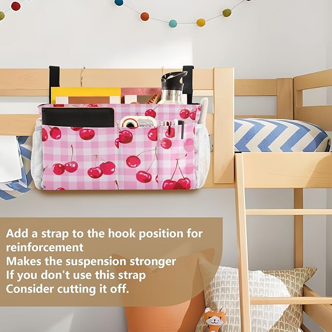 Bedside Caddy Hanging Bunk Bed Caddy Bed Organizer Hanging Pocket with 2 Hooks Bedside Storage Organizer Pocket Bag Holder Pink Juicy Checkered Cherry