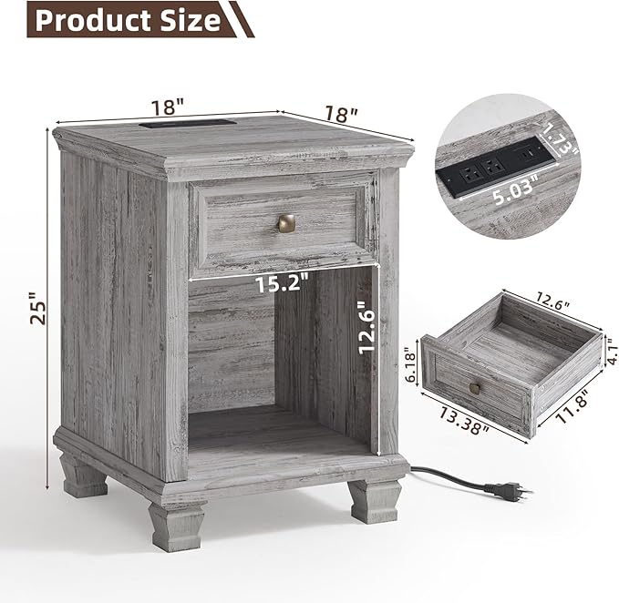 SAVOR LIFE Farmhouse End Tables Living Room Set of 2, Rustic Wood Nightstand with 1 Drawer, Bedside Table with Open Shelf for Bed Room, Side Table for Living Room, Grey