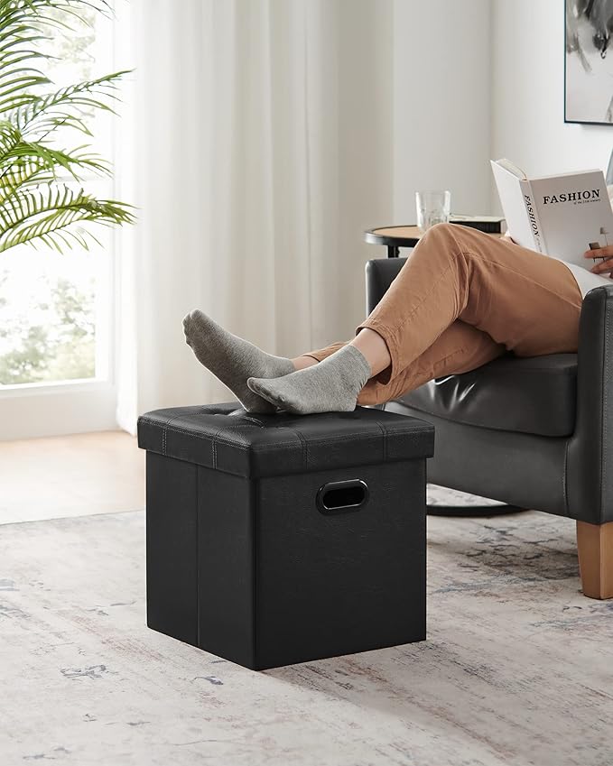 SONGMICS MAZIE Collection - 15 Inches Ottoman with Storage, Footstool, Storage Ottoman with Metal Grommet Handles, Load 660 lb, for Dorm, Living Room, Bedroom, Synthetic Leather, Black ULSF30B