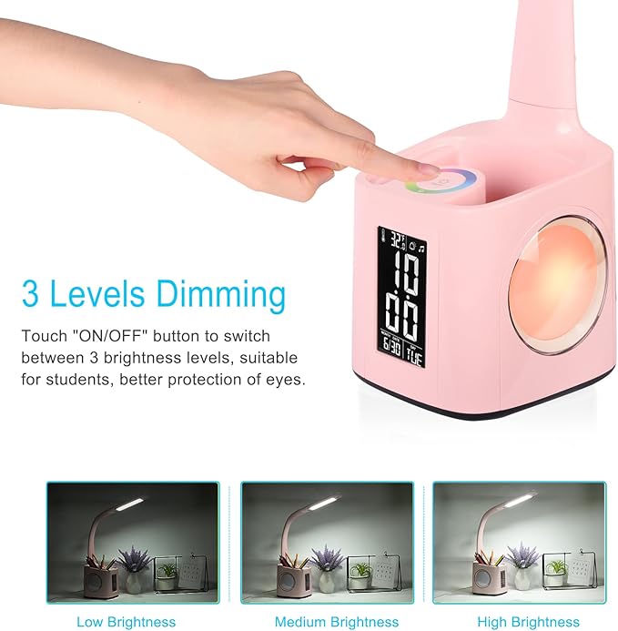 wanjiaone LED Desk Lamp with Clock,Color Changing Nightlight,Study Lamp with Pen Holder,Desk Light with USB Charger,Table Light for Home,Office,Bedroom,Gift for Kids,Students,Women,Pink