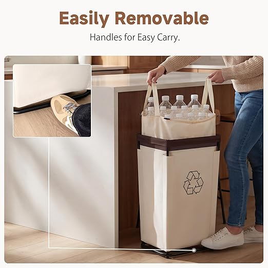 StorageWorks Recycling Bin with Lid, 29Gal Large Recycling Bin for Kitchen, Indoor Recycling Bins with 2 Reusable Washable Bags for Bottles and Cans, Steel Frame Fabric Sorter, 110L, Beige