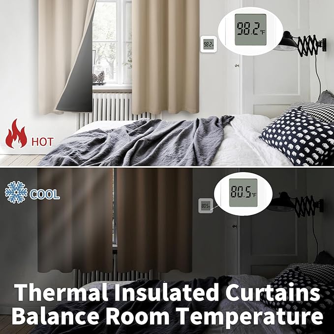 BGment Short 100% Blackout Curtains for Bedroom, Thermal Insulated Energy Efficiency Noise Reducing Grommet Curtains 45 Inch Length with Liner for Small Window 2 Panels Each 42 Inch Wide, Sand