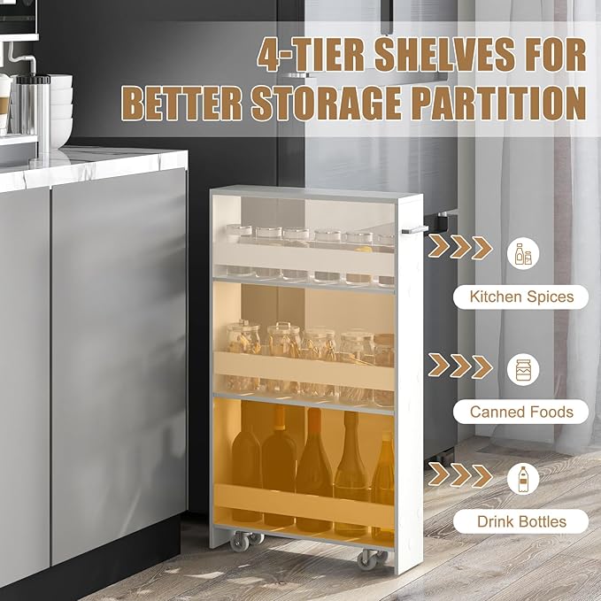 Giantex Slim Storage Cart 4 Tier, Rolling Narrow Island Cart, Side Cabinet w/Handle, Space Saving Trolley, Kitchen Utility Cart Tower Rack for Dining Room Laundry Room Bathroom, White