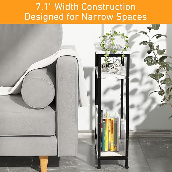 THUMEYE 7.1" Narrow Side Table for Small Spaces, 3 Tier Small End Table with Magazine Holder, Slim/Skinny Nightstand/Bedside Table for Living Room, Bedroom, 15.4" L x 24.2" H, Faux White Marble