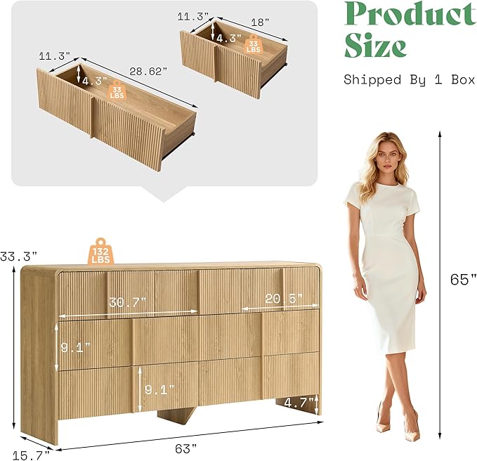 AMERLIFE 63" Fluted 7 Drawer Dresser, Wide Modern Chest of Storage Drawers with Pine Handles, Rounded Corners & Anti-Tip Design, Wood Closet Organizer for Bedroom, Living Room, Natural Oak