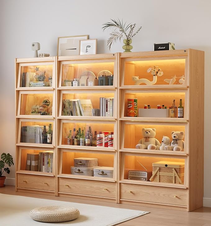 73" H Tall Solid Wood Bookcase with Flip-Up Tempered Glass Doors and 3 Color Led Lights,4 -Tier Wooden Bookshelf with 1 Drawer,Display Cabinet Kitchen Pantry for Living Room,Office