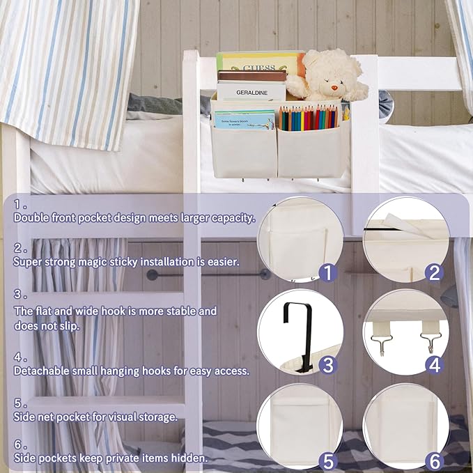 Bedside Storage Organizer 5 Pockets with 4 Hooks Hanging Storage Bag for Headboards/Bunk Bed (2Pack White)