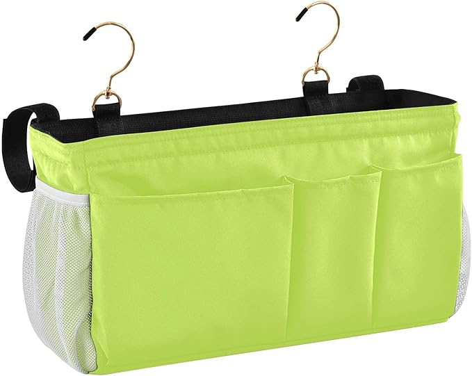 KOPIRIT Neon Yellow Bedside Caddy Storage Bag Bedside Organizer for Headboards Bunk Beds Organizer Caddy Hanging Shelf 6 Pockets with Hooks for Magazine Water Bottle Holder