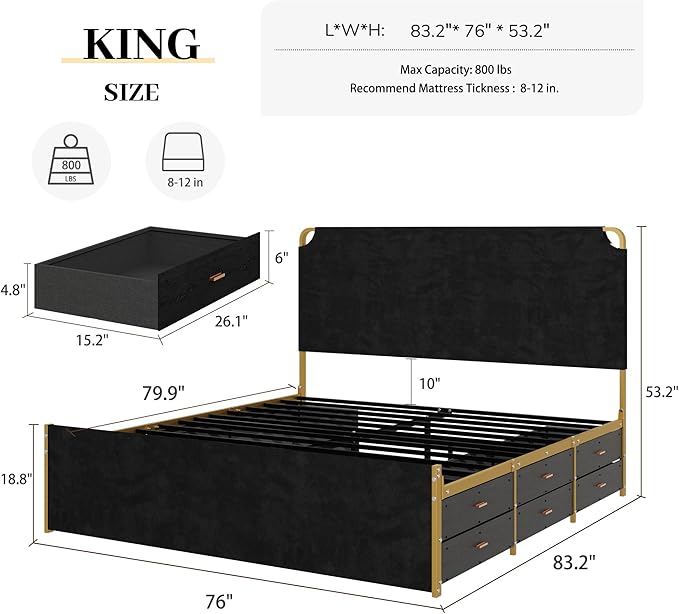 King Size Bed Frame with 12 Storage Drawers and Headboard, Metal Platform Bedframe, No Box Spring Needed, Stable and Solid, Noise Free. (Black+Velvet, King)