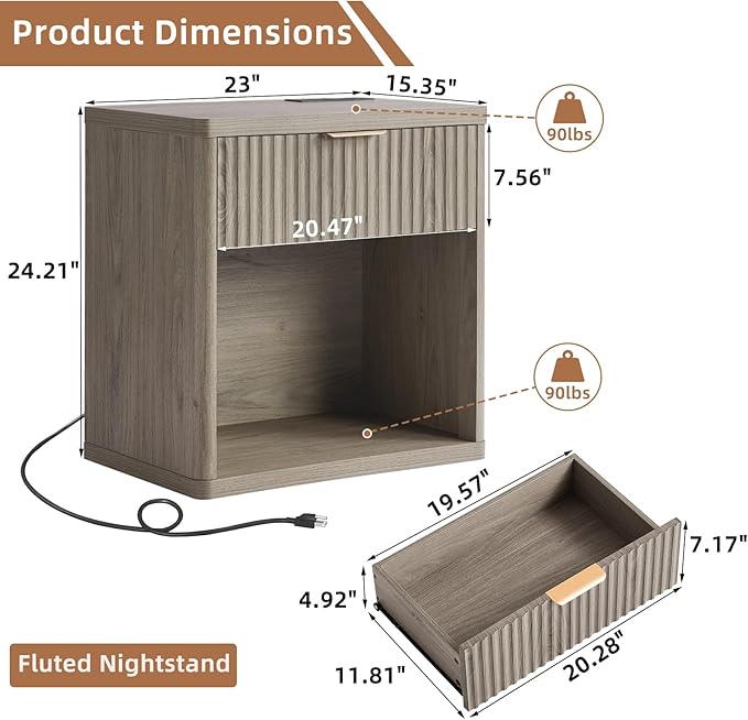 LEYAOYAO Fluted Nightstand with Charging Station, 23" Wide 1 Drawers End Table,Grey Night Stand with Open Storage Cabinet, Farmhouse Bed Side Tables, Wood Dresser for Bedroom, Living Room, Closet