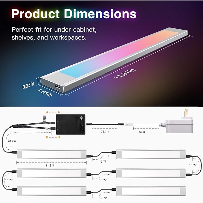 VST RGB Under Cabinet Lighting with Adjustable White Light, 12V Ultra-Thin LED Light Bar, APP & Voice (Alexa/Google), Remote & Button Control, Linkable Strip Lights for Cabinets, Closets, Shelves