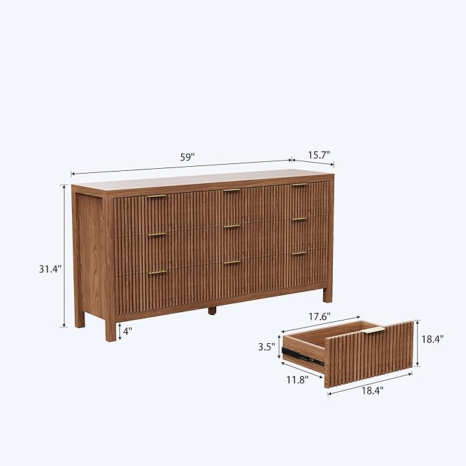 Modern 9 Drawer Dresser, Mid-Century Storage Chest with Solid Wood Legs, Large Organizer Cabinet & TV Stand for Bedroom, Living Room, or Hallway, Walnut Oak