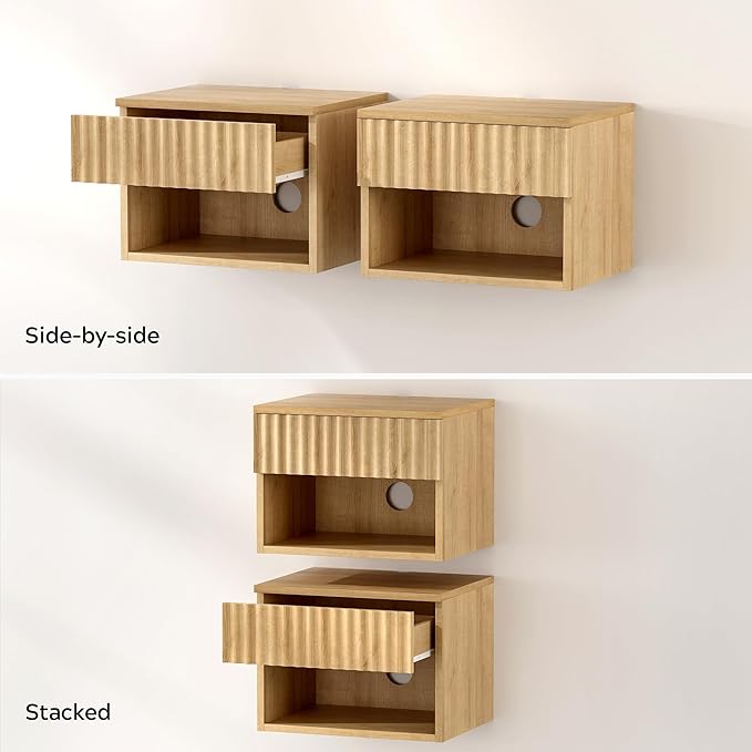 Small Floating Nightstand Set of 2, Modern Fluted Night Stand with Drawer and Open Storage Shelf Wall Mounted Bedside Tables Natural Oak