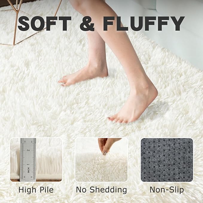 Round White Rug for Bedroom, 8 ft Circle Area Rugs for Living Room, Soft Large Fluffy Shag Carpet for Teen Girls Boys Nursery Room Dorm Home Decor Aesthetic