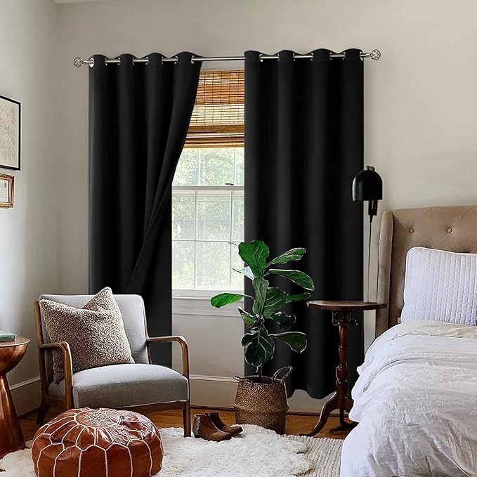 BGment Thermal Insulated 100% Blackout Curtains for Bedroom with Black Liner, Double Layer Full Room Darkening Noise Reducing Grommet Curtain (52 x 84 Inch, Black, 2 Panels)