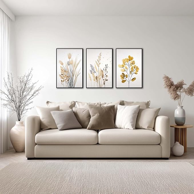 YCJKJDZ Framed Beige Botanical Canvas Wall Art Set of 3, Boho Watercolor Wildflower Pampas Grass Poster Neutral Leaf Art Fall Nature plant Prints for Living Room, Bedroom, Office, – 16x24 in